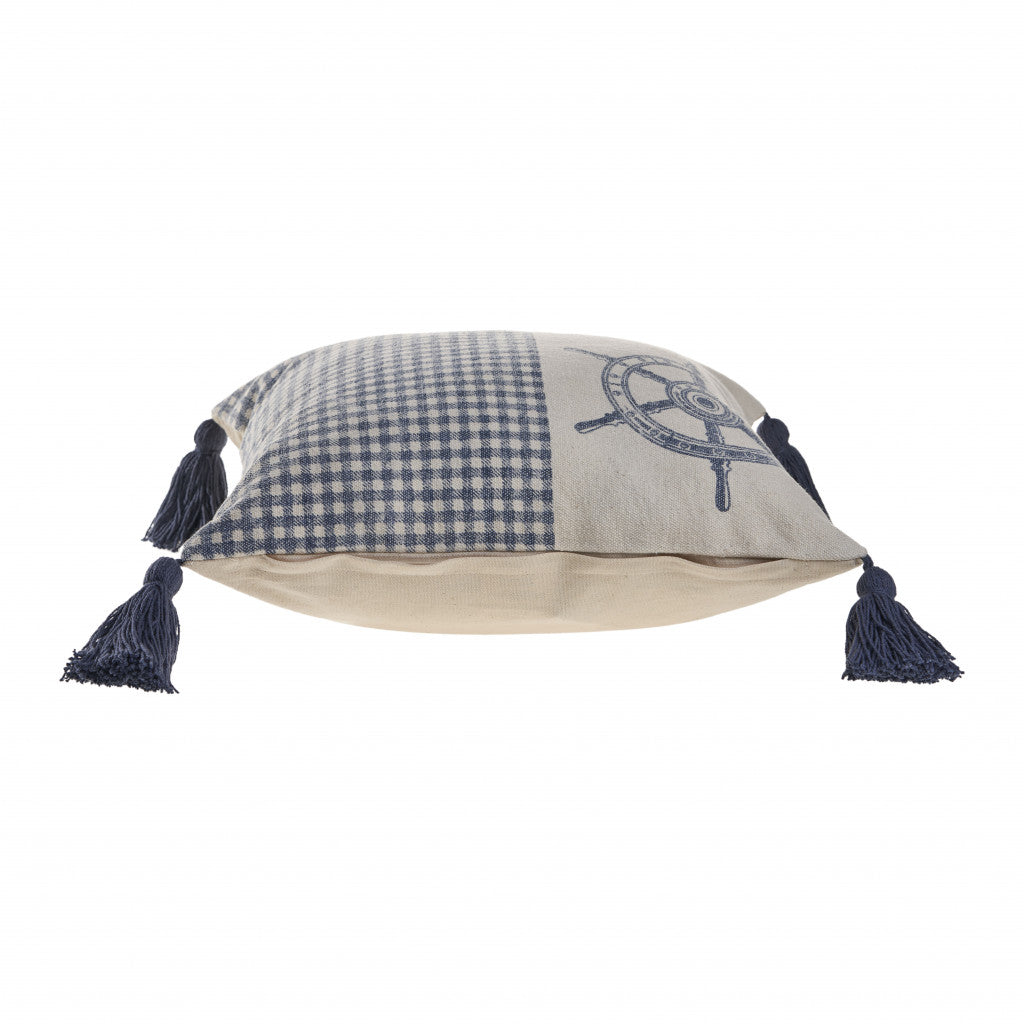 18" X 18" Blue And Cream 100% Cotton Coastal Zippered Pillow