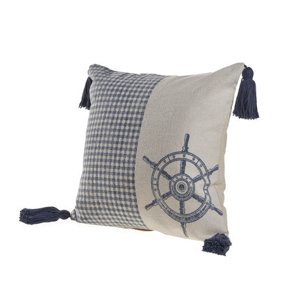 18" X 18" Blue And Cream 100% Cotton Coastal Zippered Pillow
