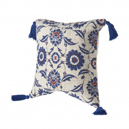 18" X 18" Blue And Cream 100% Cotton Floral Zippered Pillow