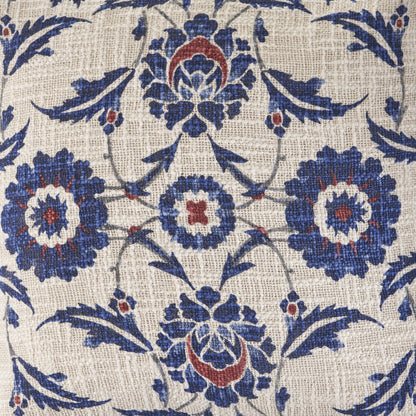 18" X 18" Blue And Cream 100% Cotton Floral Zippered Pillow