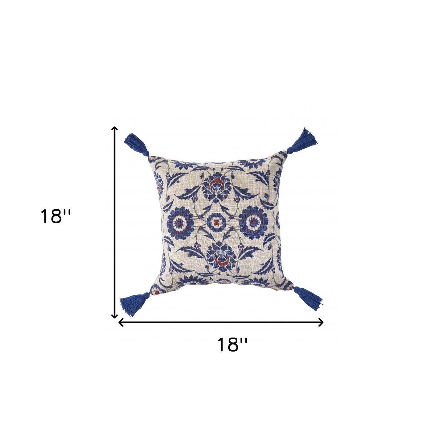 18" X 18" Blue And Cream 100% Cotton Floral Zippered Pillow