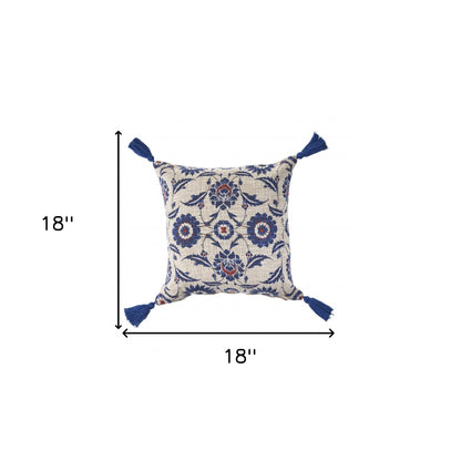 18" X 18" Blue And Cream 100% Cotton Floral Zippered Pillow