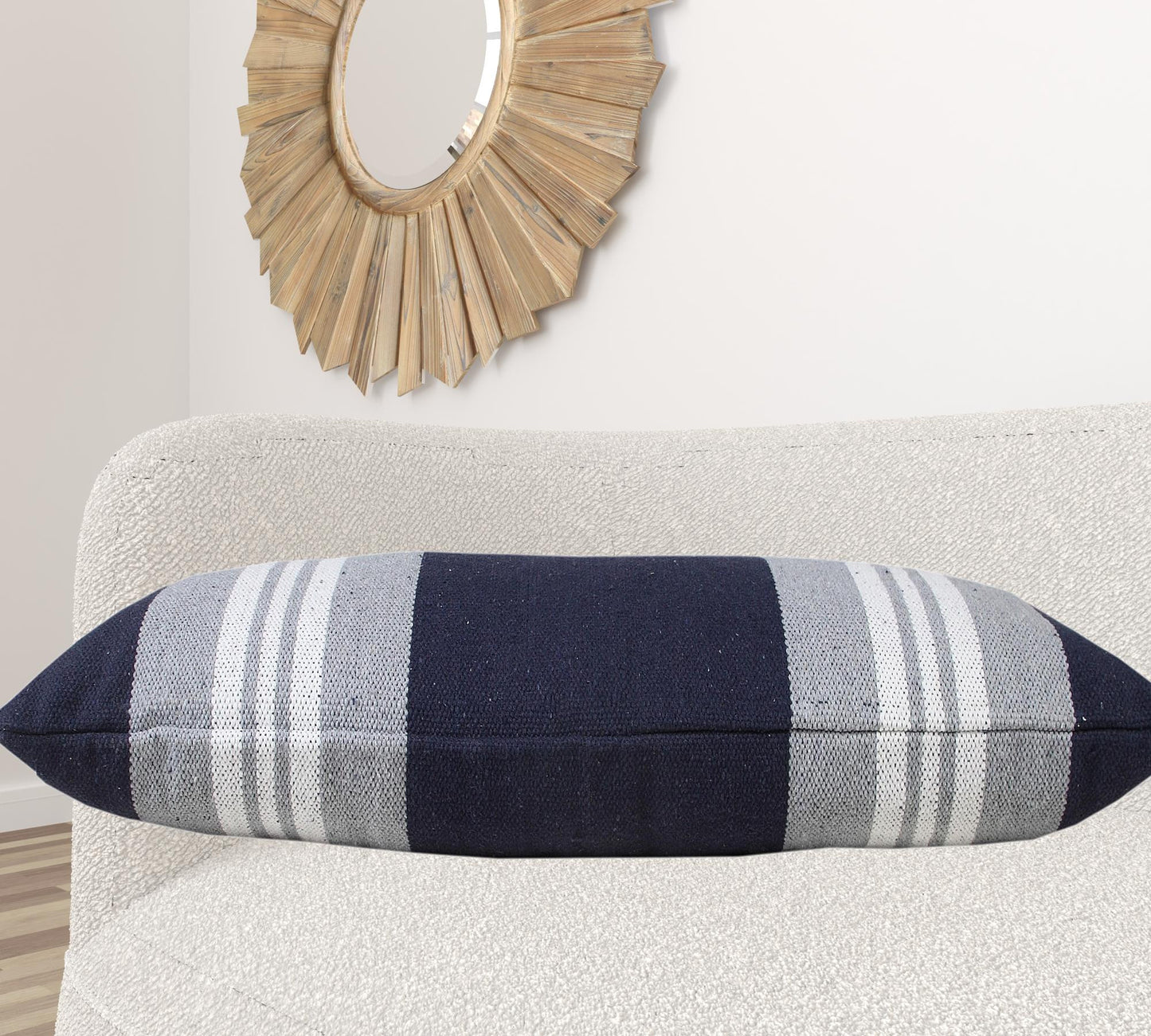 14" X 36" Navy Gray And White 100% Cotton Coastal Zippered Pillow
