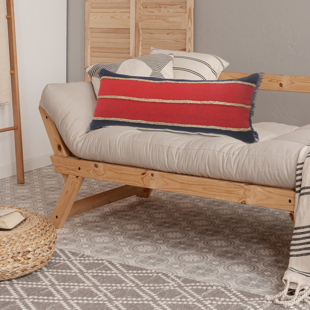 24" X 24" Navy Red And Tan 100% Cotton Striped Zippered Pillow