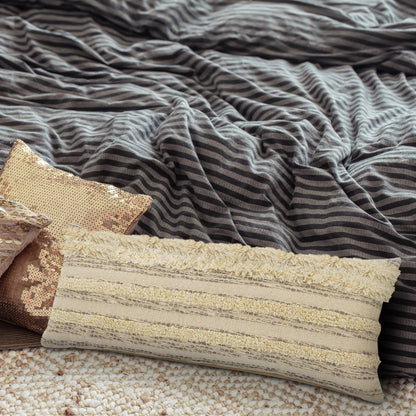 20" X 20" Cream Gray And Gold 100% Cotton Striped Zippered Pillow