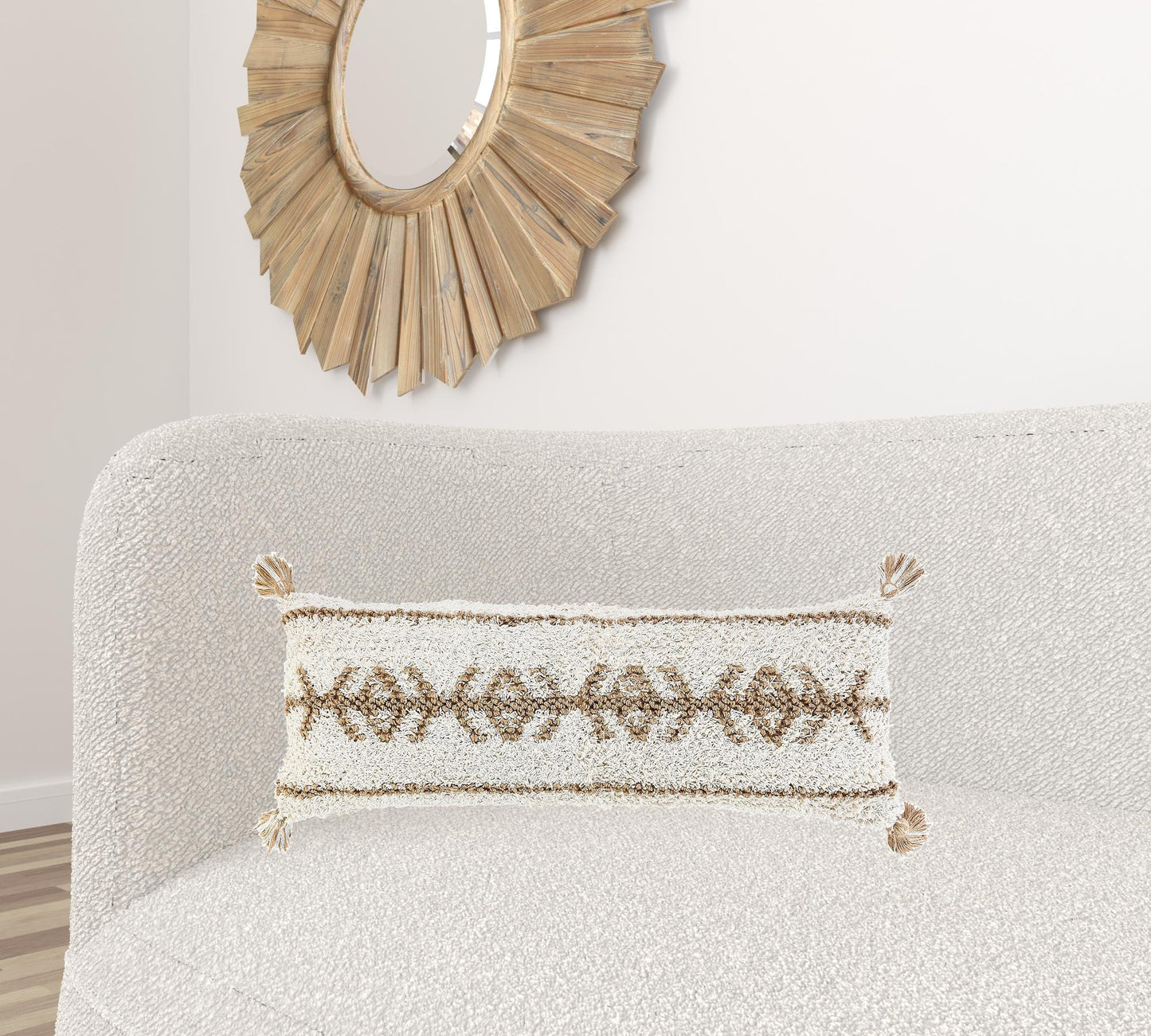 20" X 20" Beige And White 100% Cotton Geometric Zippered Pillow