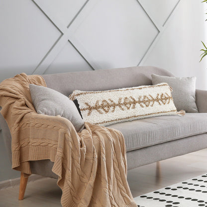 20" X 20" Beige And White 100% Cotton Geometric Zippered Pillow