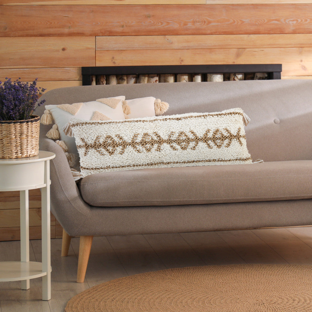 20" X 20" Beige And White 100% Cotton Geometric Zippered Pillow