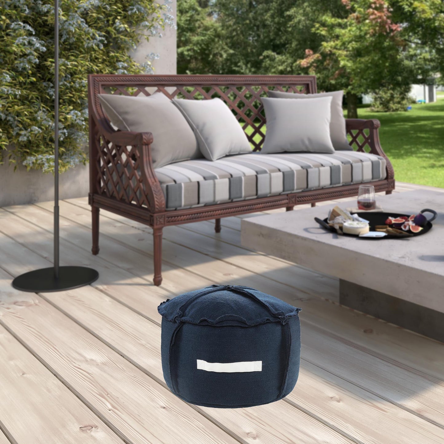 20" Blue Polyester Round Patchwork Indoor Outdoor Pouf Ottoman