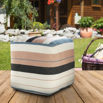 20" White Polyester Striped Indoor Outdoor Pouf Ottoman