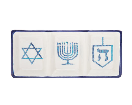 11" Blue and White Rectangular Bone China Hanukkah Serving Tray