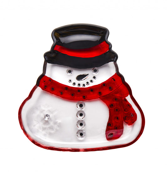 7" Red and White SNowman Glass Christmas Serving Tray