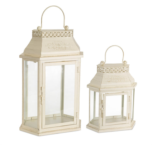 Set Of Two Beige Flameless Floor Lantern Candle Holder