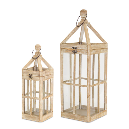 Set Of Two Brown Flameless Floor Lantern Candle Holder