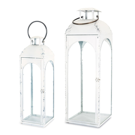 Set Of Two White Flameless Floor Lantern Candle Holder