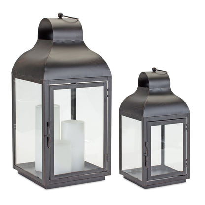 Set Of Two Black Flameless Floor Lantern Candle Holder