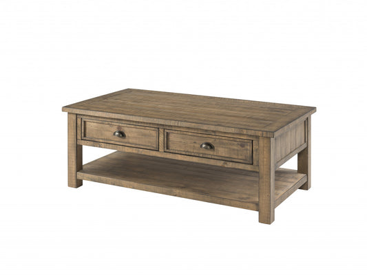 50" Natural Solid Wood Rectangular Distressed Coffee Table With Two Drawers And Shelf