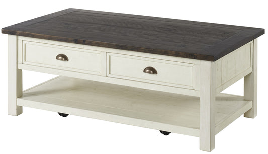 50" Cream And Brown Wood Distressed Coffee Table With Storage