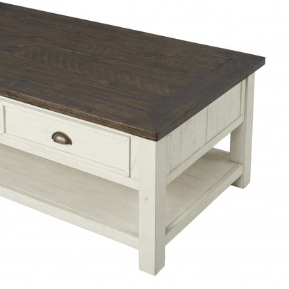 50" Cream And Brown Wood Distressed Coffee Table With Storage