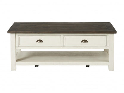 50" Cream And Brown Wood Distressed Coffee Table With Storage