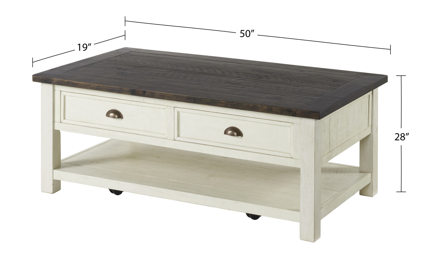 50" Cream And Brown Wood Distressed Coffee Table With Storage