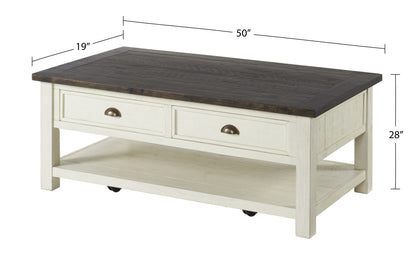 50" Cream And Brown Wood Distressed Coffee Table With Storage
