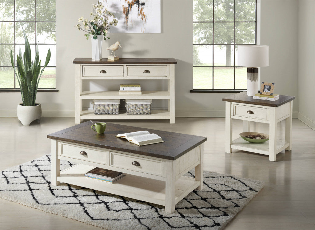50" Cream And Brown Wood Distressed Coffee Table With Storage
