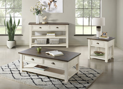 50" Cream And Brown Wood Distressed Coffee Table With Storage