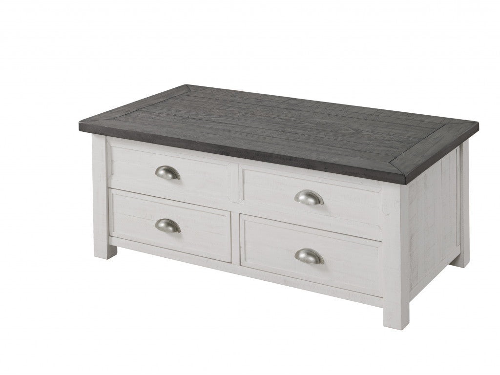 48" White And Grey Solid Wood Distressed Lift Top Coffee Table With Storage