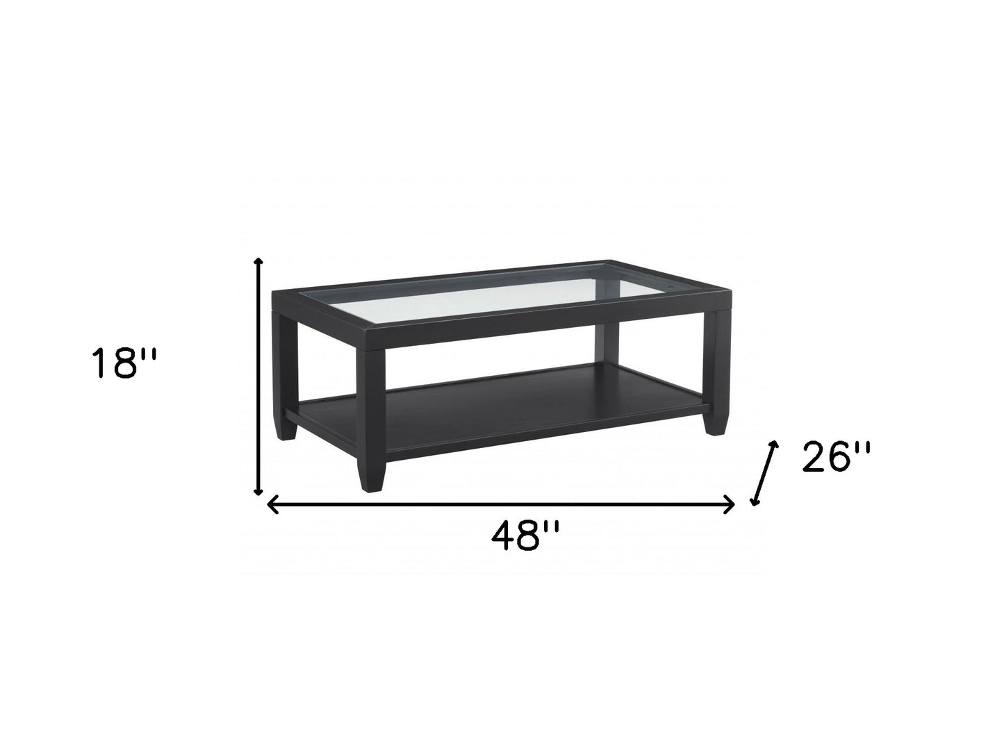48" Black Glass Rectangular Coffee Table With Shelf