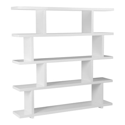 63" White Wood Five Tier Open Asymmetrical Bookcase