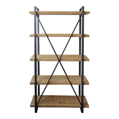 78" Natural Wood and Metal Five Tier Modern Industrial Bookcase