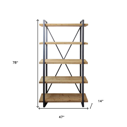 78" Natural Wood and Metal Five Tier Modern Industrial Bookcase