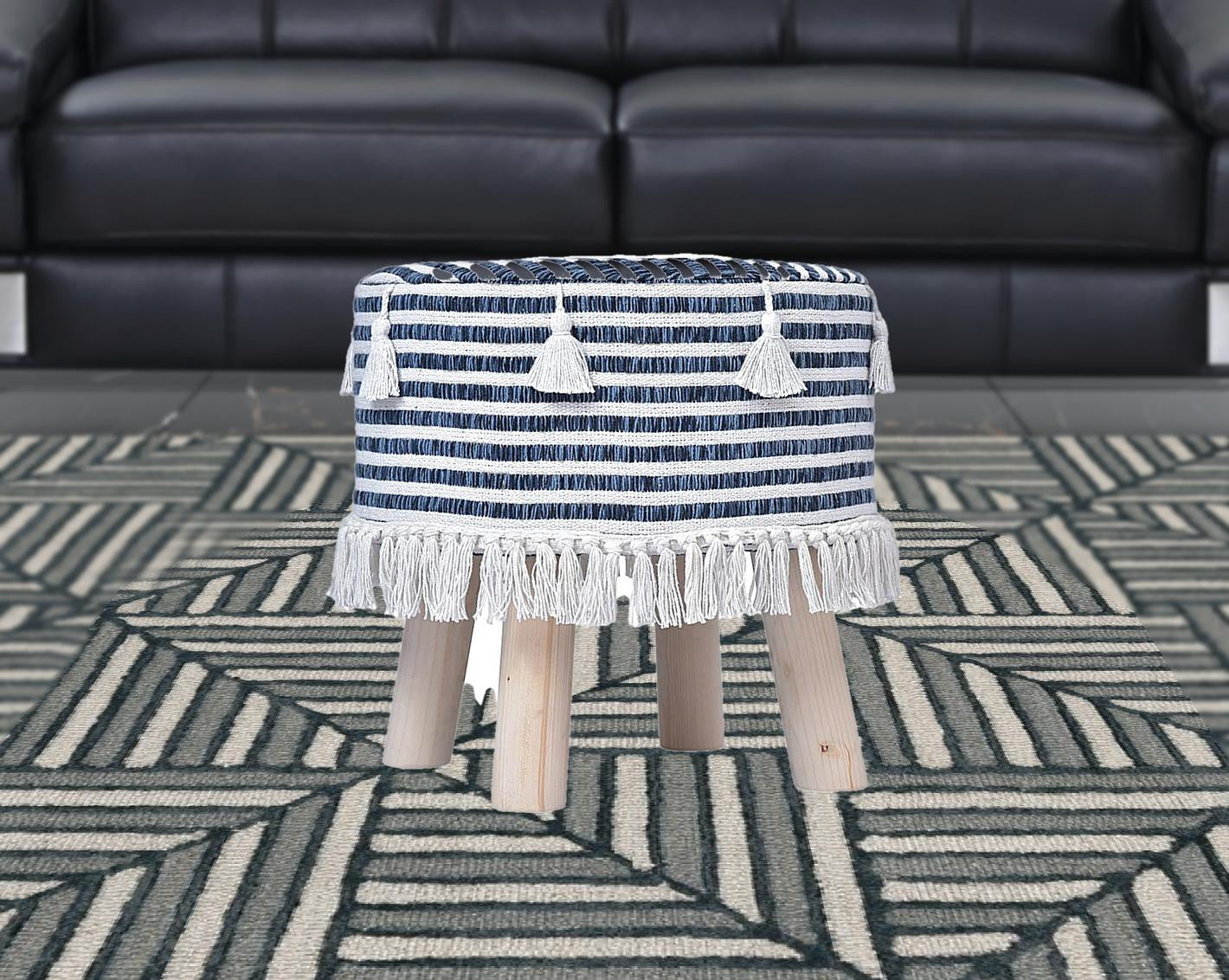 16" Blue And White Cotton And Natural Round Striped Ottoman