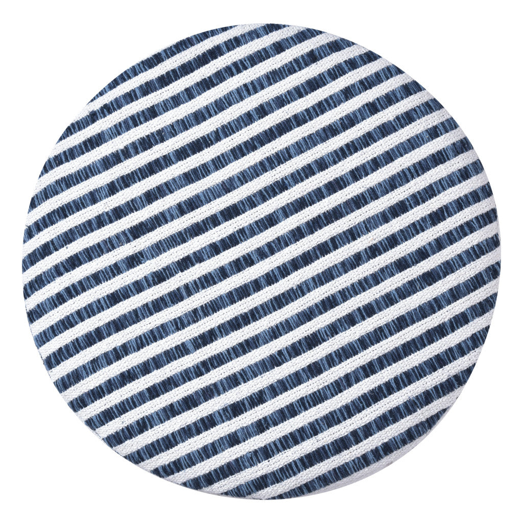 16" Blue And White Cotton And Natural Round Striped Ottoman