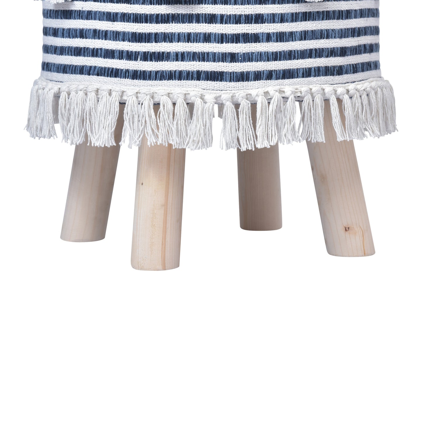 16" Blue And White Cotton And Natural Round Striped Ottoman