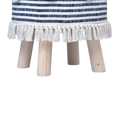 16" Blue And White Cotton And Natural Round Striped Ottoman