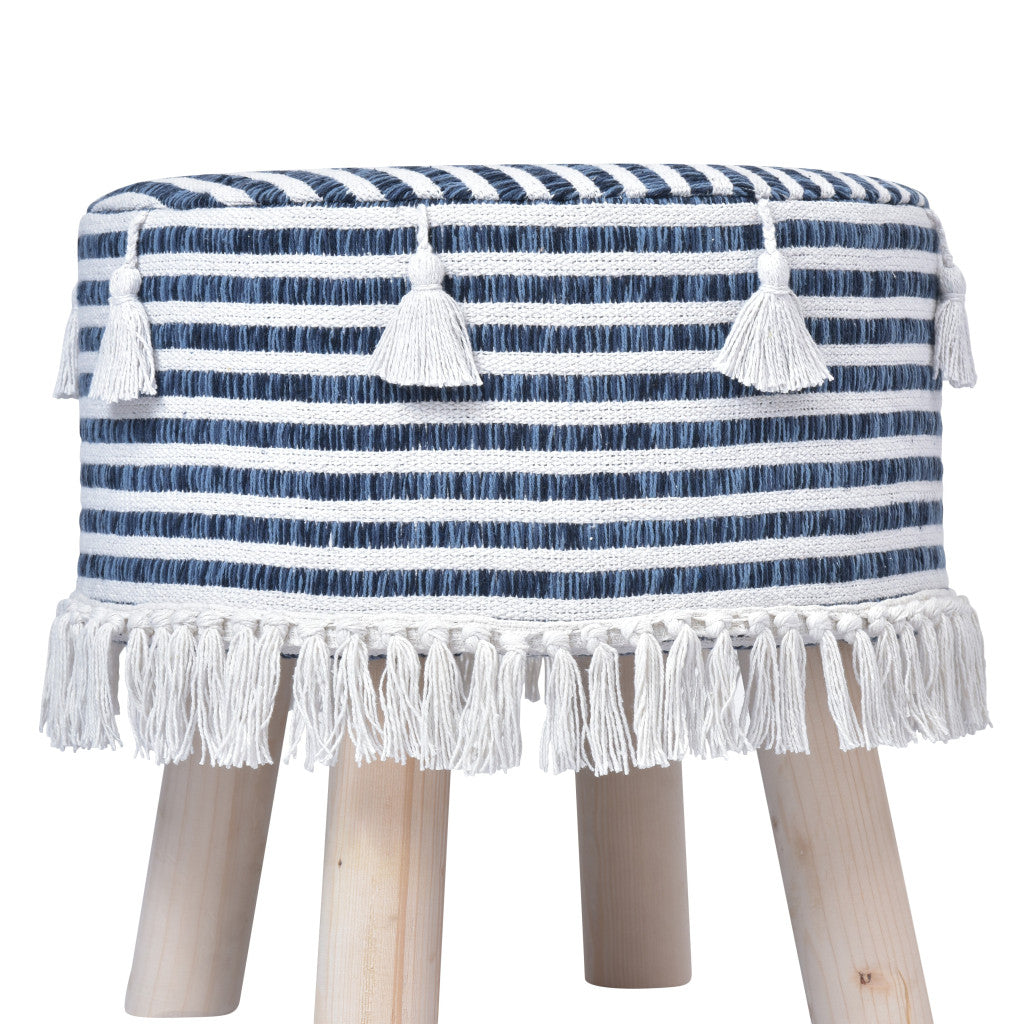 16" Blue And White Cotton And Natural Round Striped Ottoman