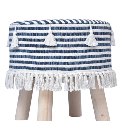 16" Blue And White Cotton And Natural Round Striped Ottoman