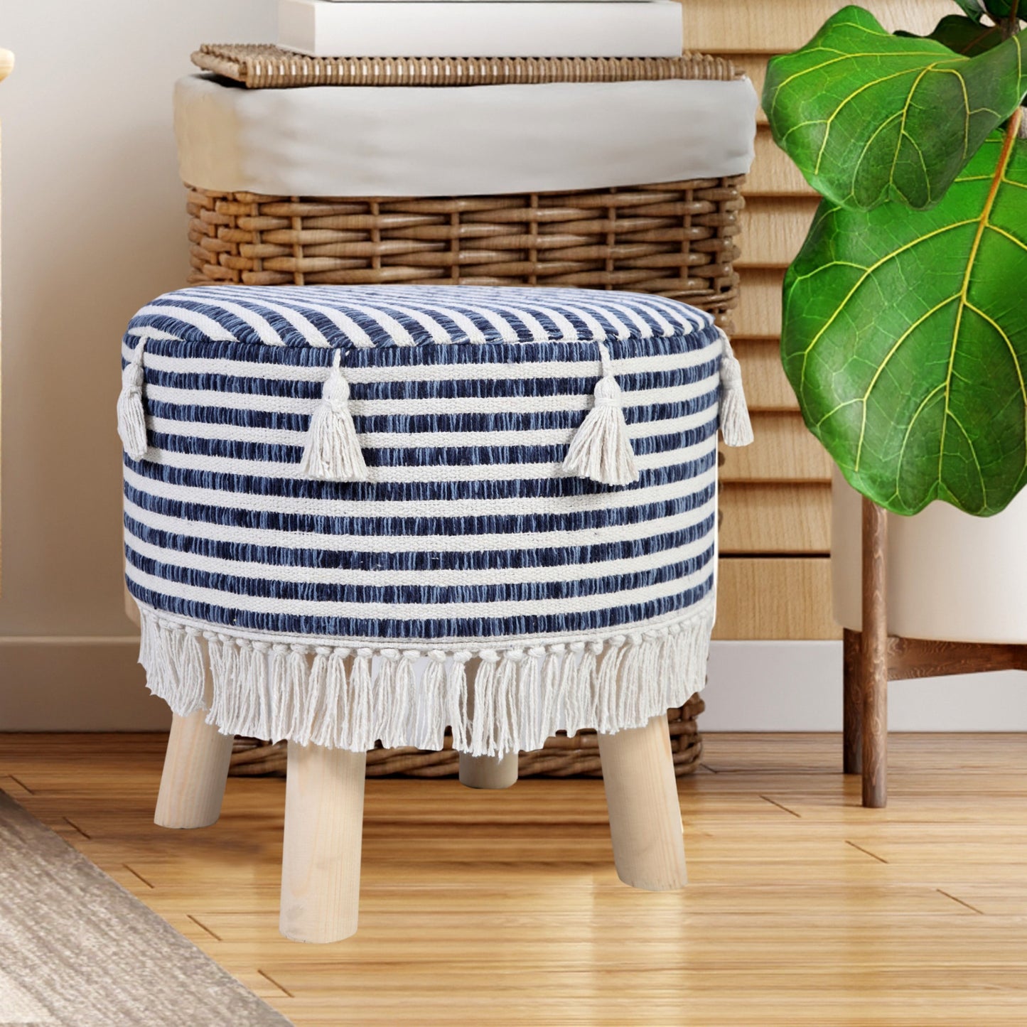 16" Blue And White Cotton And Natural Round Striped Ottoman