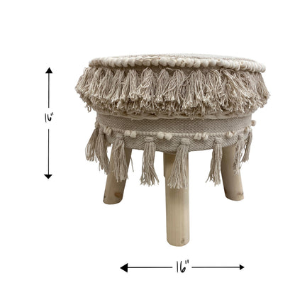 16" Beige Cotton And Natural Round Ottoman