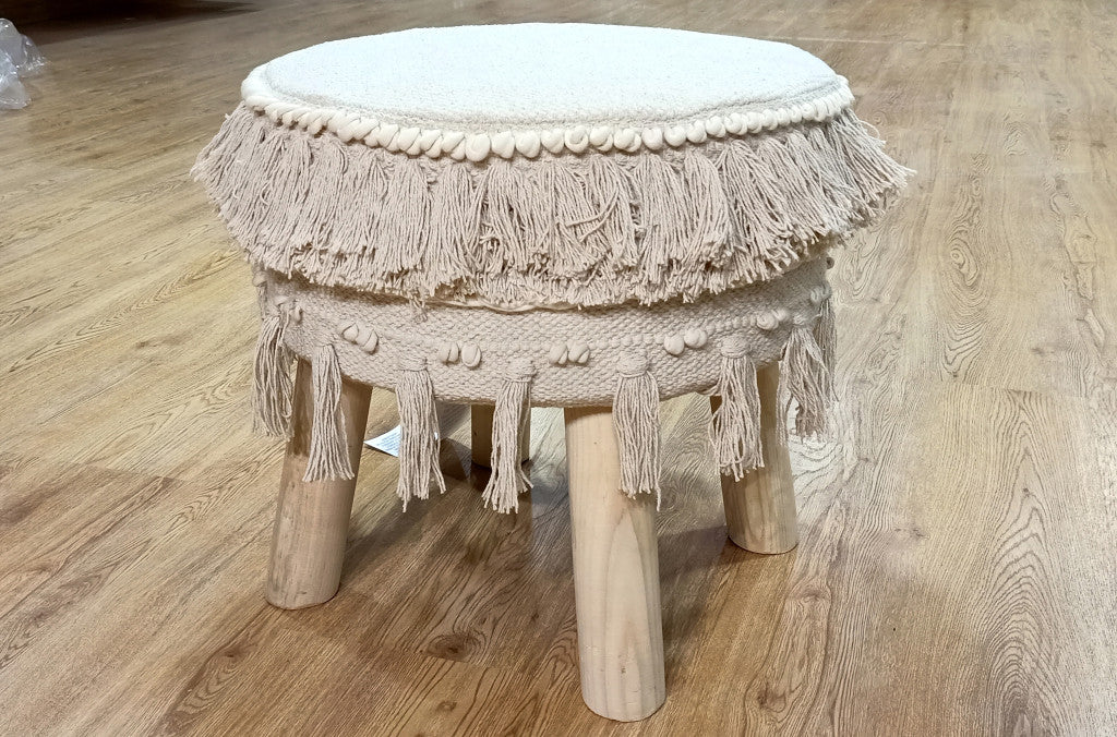 16" Beige Cotton And Natural Round Ottoman
