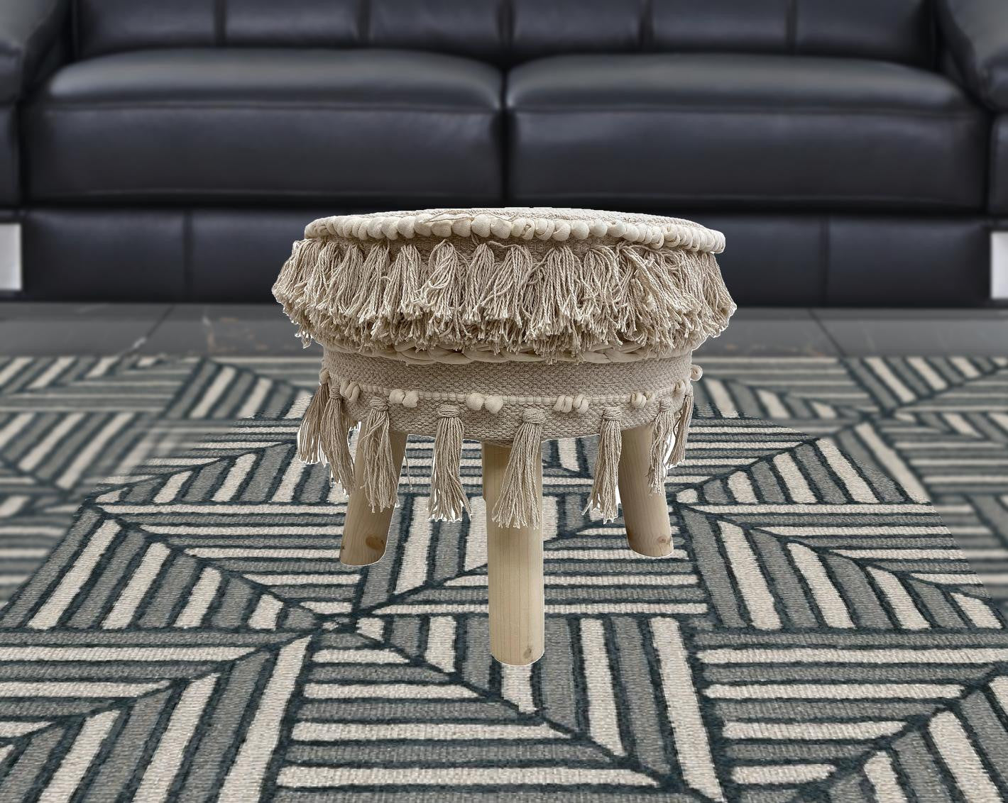 16" Beige Cotton And Natural Round Ottoman