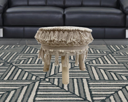 16" Beige Cotton And Natural Round Ottoman