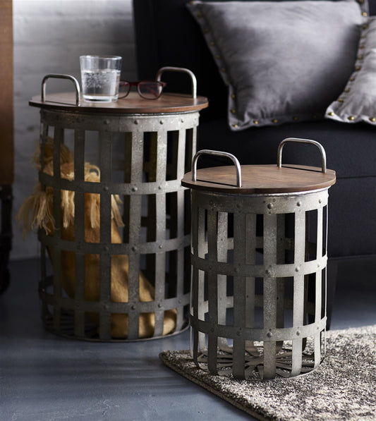 Set Of Two Grey And Brown Wood and Metal Basket Round End Tables