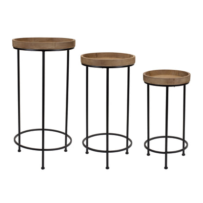 Set Of Three 14" Black And Brown Solid Wood Round End Tables