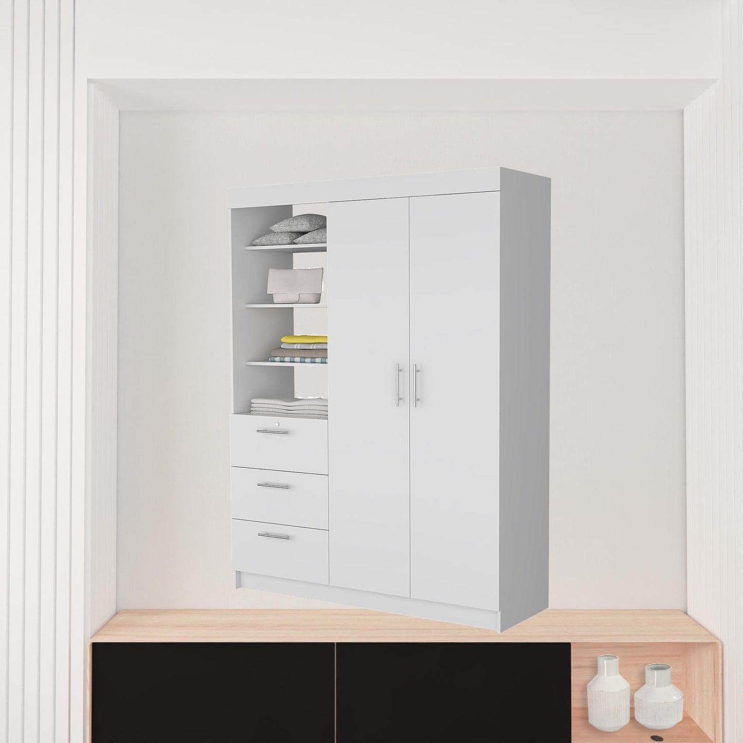 59" White Accent Cabinet Soft Close With Three Shelves And Three Drawers