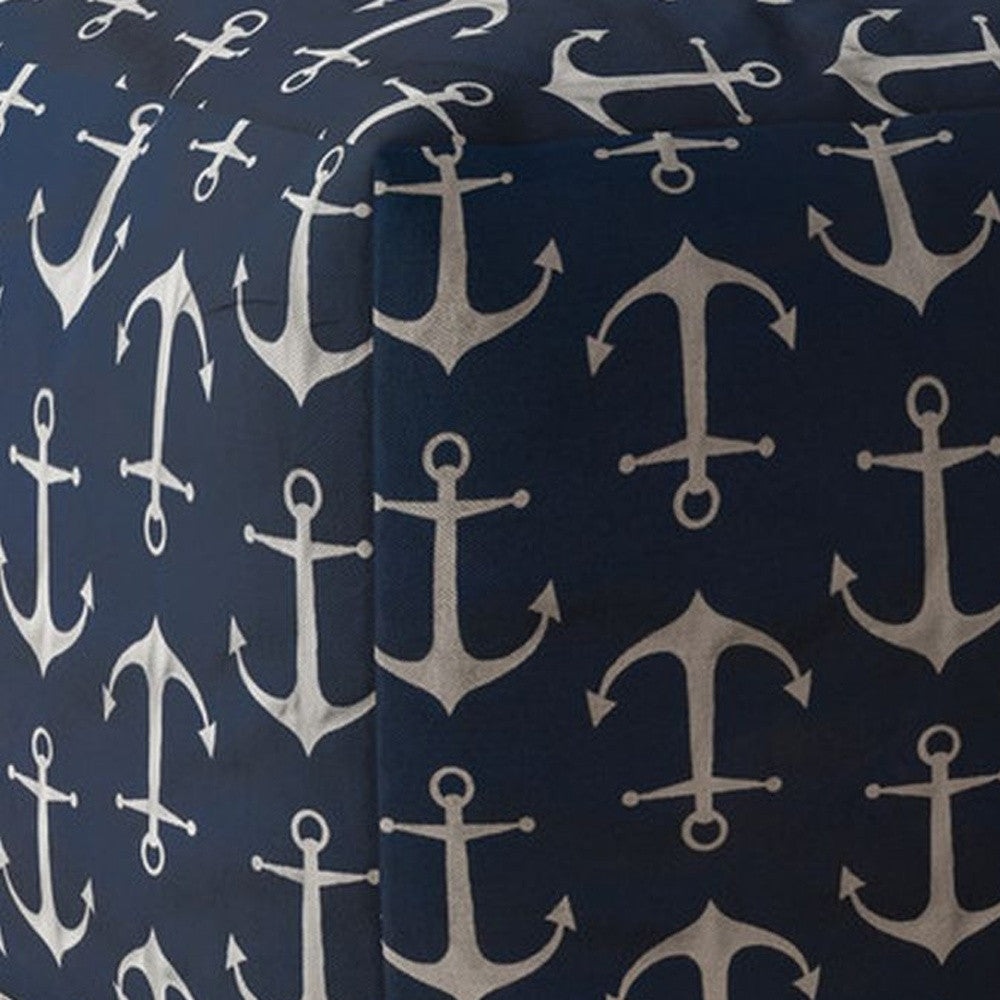 17" Blue And Gray Twill Anchor Pouf Ottoman