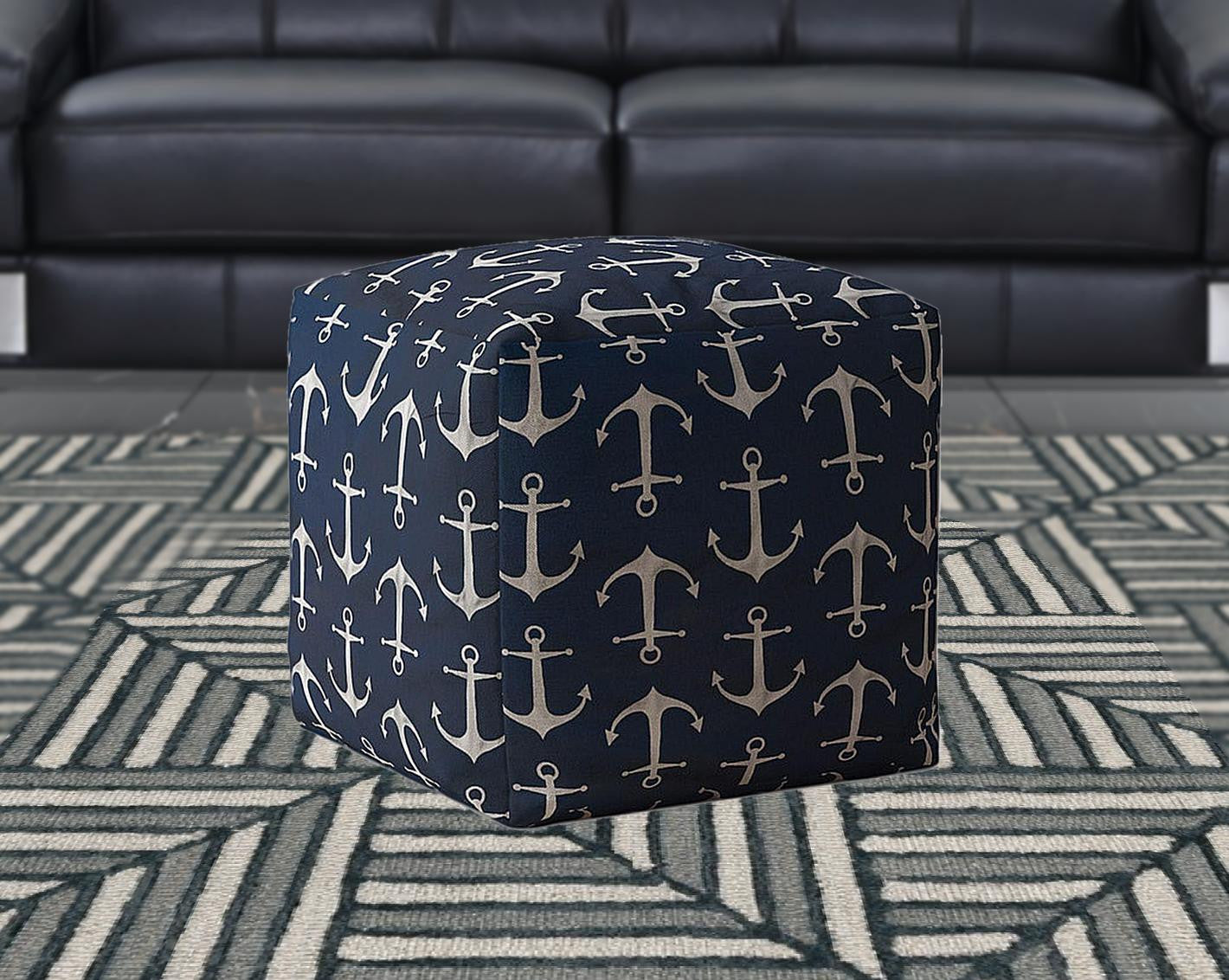 17" Blue And Gray Twill Anchor Pouf Ottoman