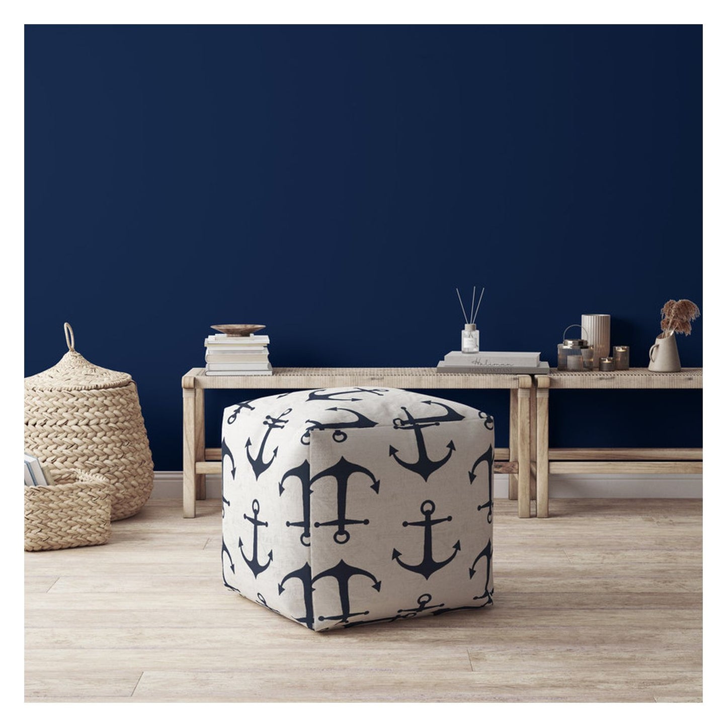 17" Blue And Gray Canvas Anchor Pouf Ottoman